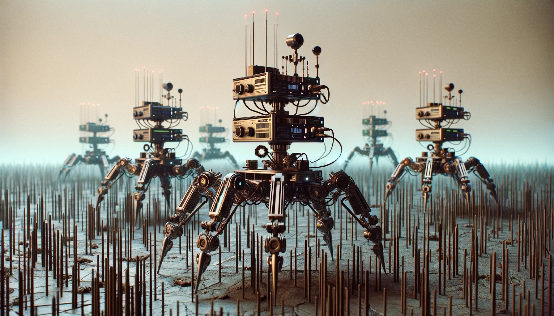 A grid of electromechanical spider-like robots on a concrete surface, with small cracks and many rounded-headed copper spires like tallgrass. It might be called poetically &#039;a cybernetic meadow'. Realistic sci-fi illustration.