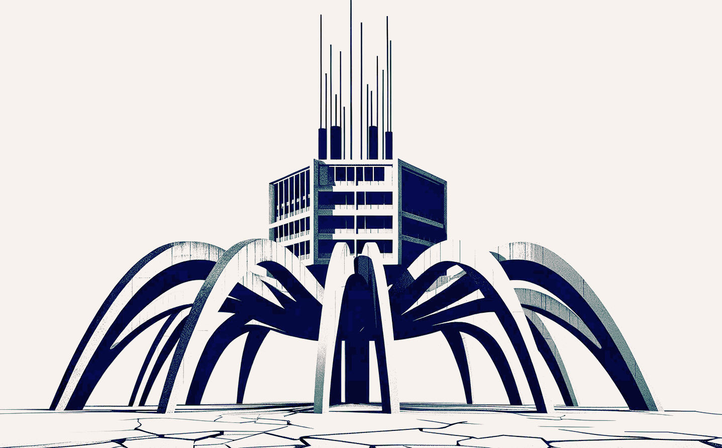 Brutalist architecture representing a single perceptron. A hexagonal building in the center representing the unit itself, with multiple arc legs representing the input weights, and antennas projecting off the top representing the output. High contrast, monochromatic, minimalistic, in the style of vector svg art.