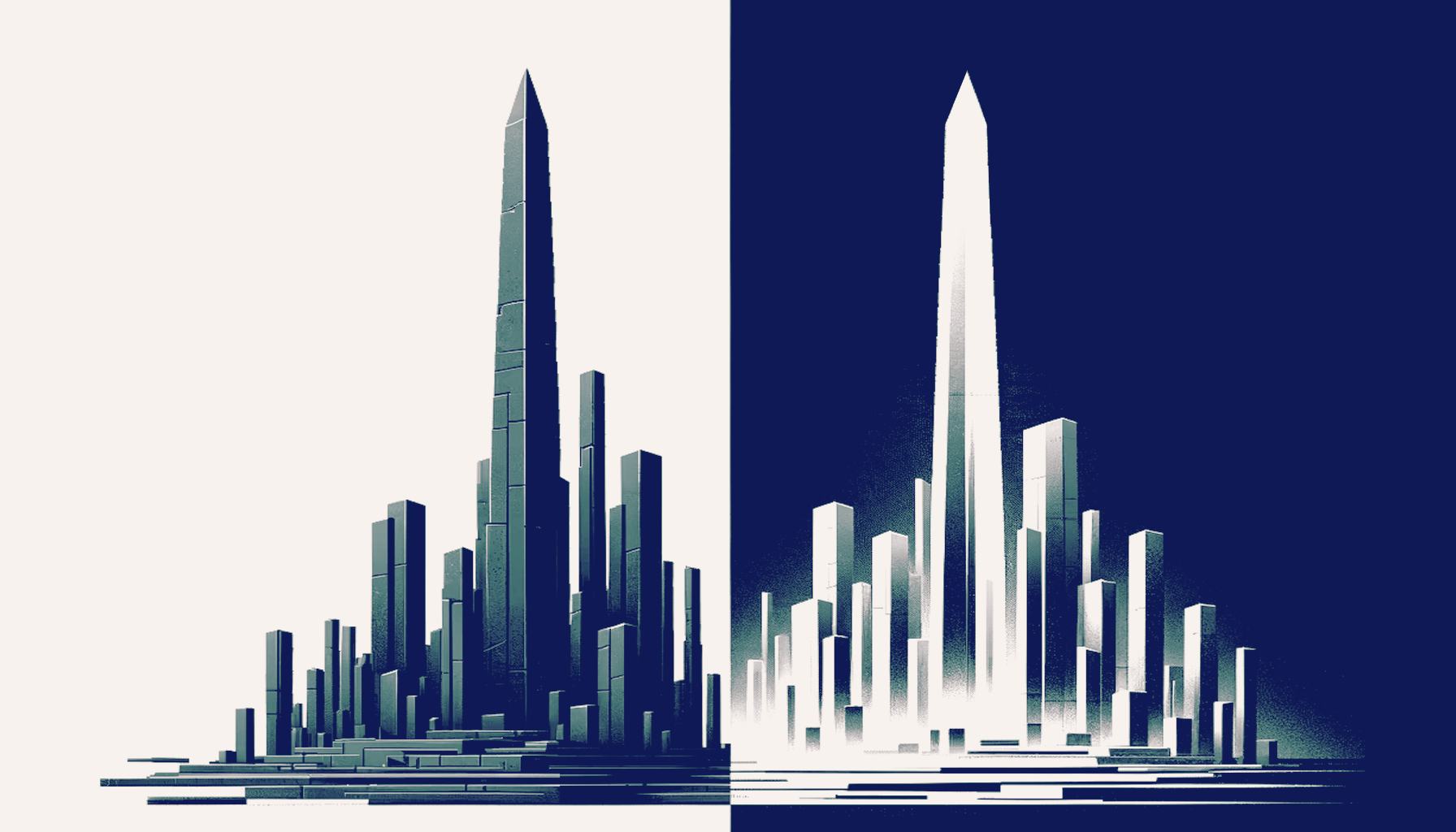 An abstract representation of the Turing test. On the left is a dark city of obelisks over a bright background, and on the right is the same thing, mirrored and inverted, but with subtle differences due to the randomness of the art generator. It represents the abstract idea of the Turing test: duality, subtle differences, same contours, and complex object made of simple parts. High contrast, monochromatic, minimalistic, in the style of vector svg art.