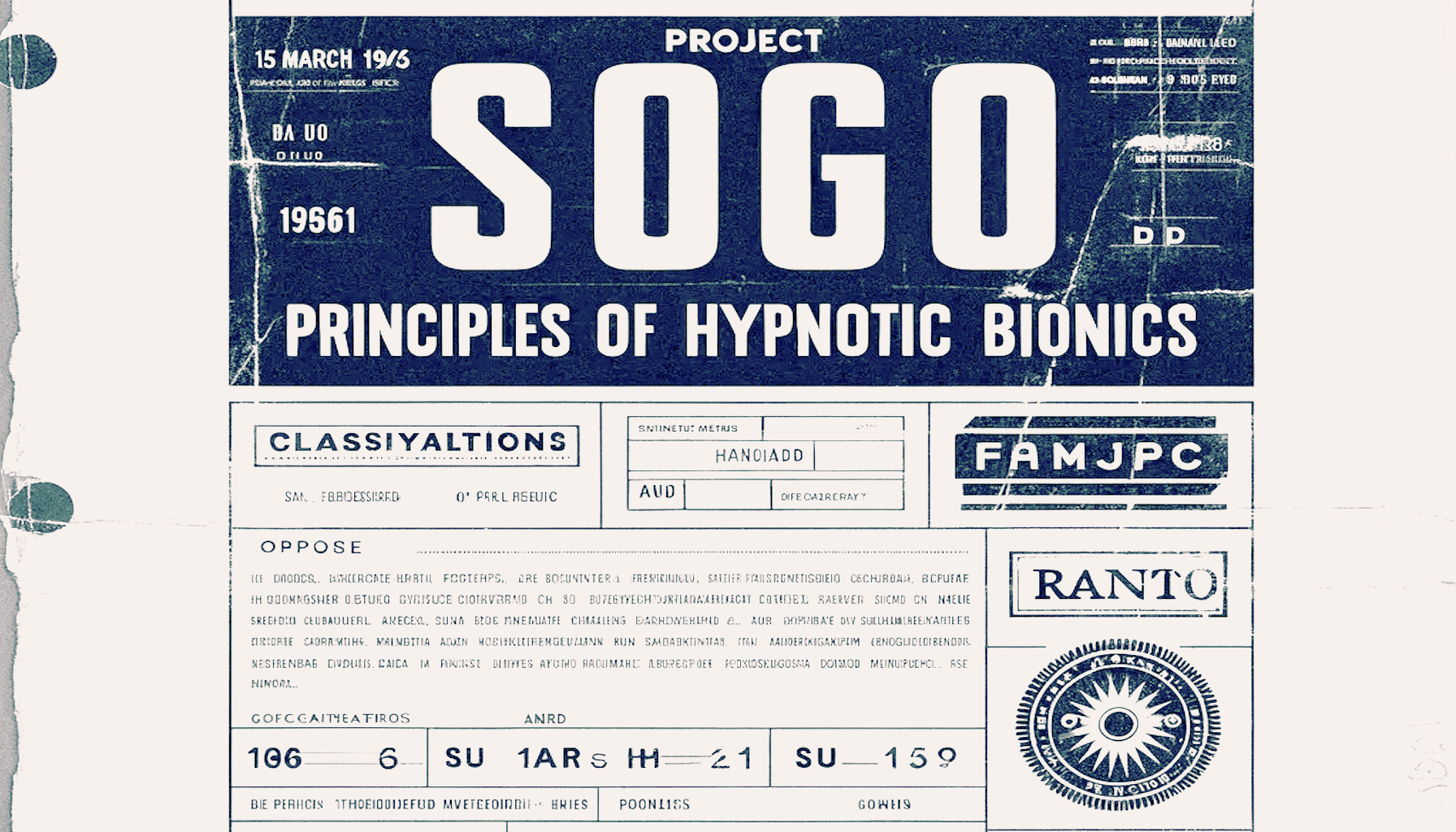 The cover of &#039;Project SOGO: Principles of Hypnotic Bionics'. It is a combination of 'Project PARA: Principles of Neurodynamics' and 'Shoggoth' from Lovecraft's cosmology. The idea is that the book is mythical like the Necronomicon (see Minsky's quote). In the style of a cold-war era RAND corporation report.