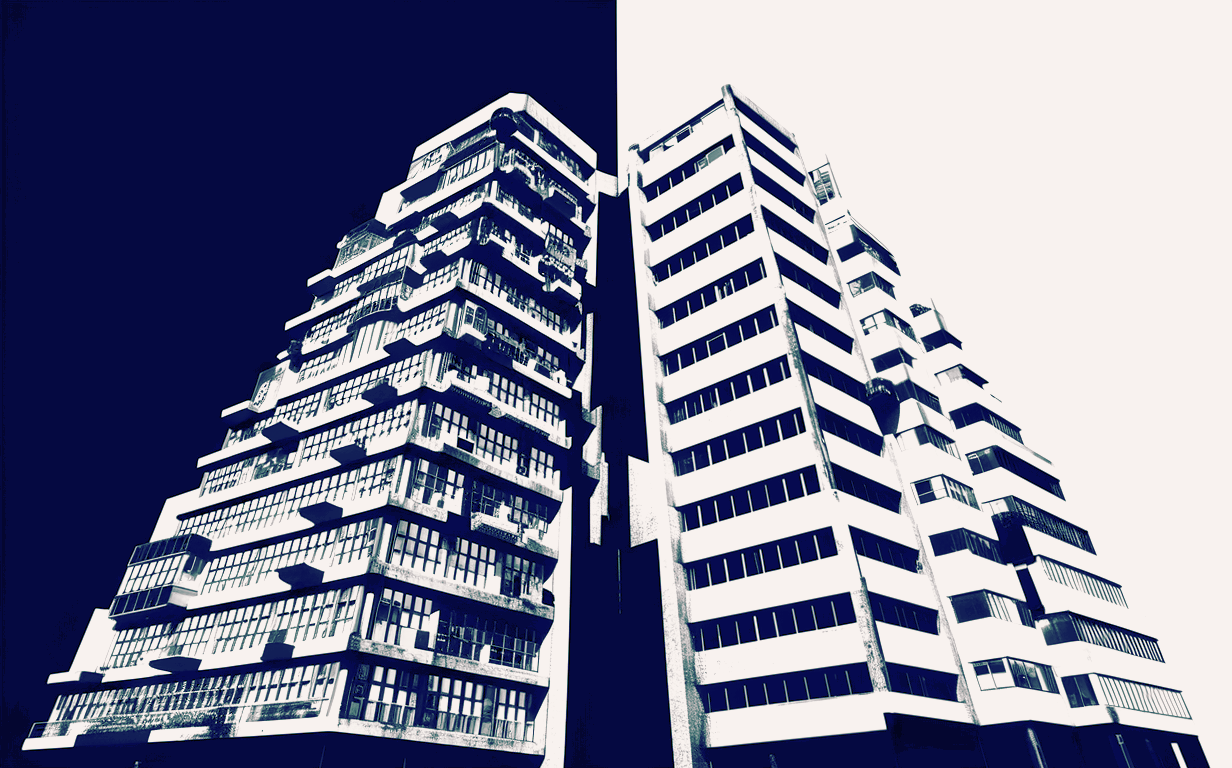 A metaphor for real-space renormalization, where the building on the left is coarse-grained to the building on right. The facade of a wide brutalist architecture. On the left, the windows are small and the floors are close together. On the right, the windows are large and the floors are wide apart. High contrast, monochromatic, minimalistic, in the flat style of vector svg art., illustration, conceptual art.