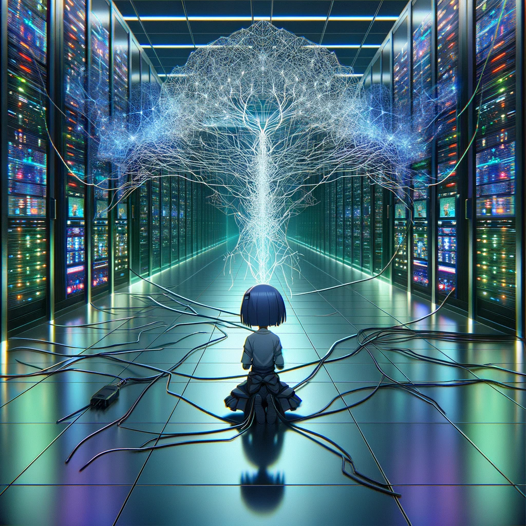 A girl facing away from the viewer, sitting in a datacenter, connected by wires to the server racks. In the middle-top is an ethereal tree-shaped network of light, representing the neural network of Lain. Cyberpunk-style anime art.