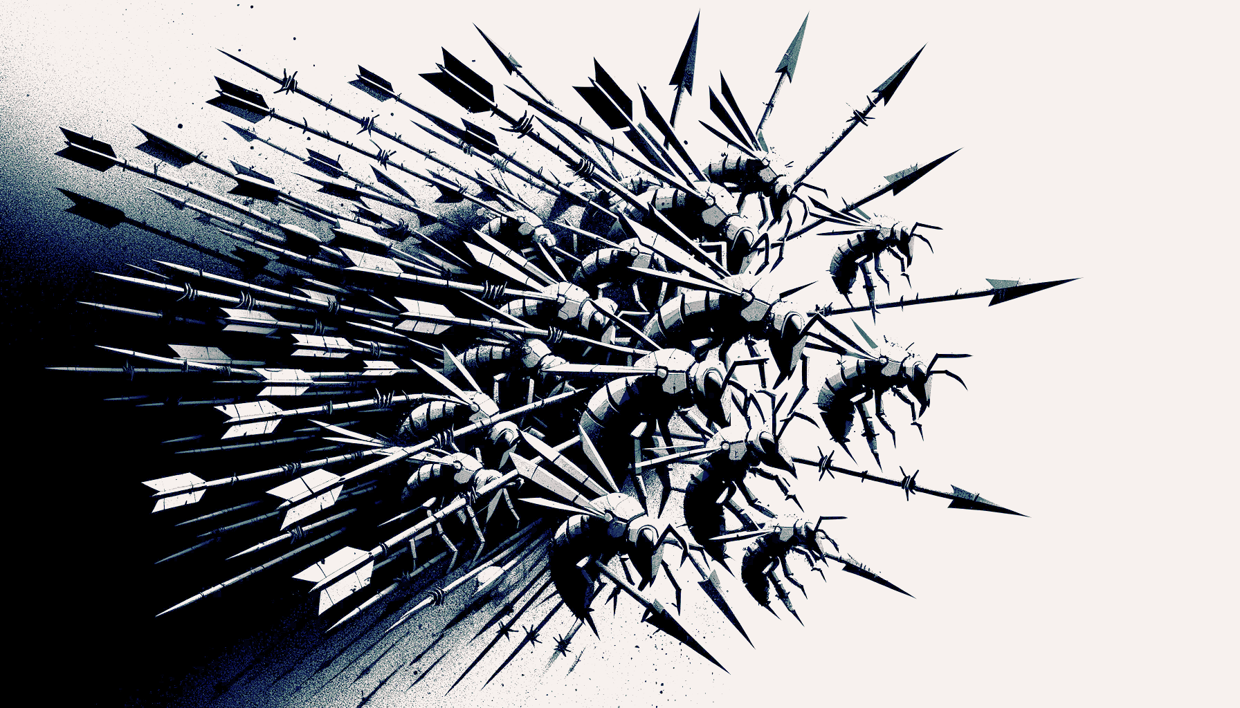 A swarm of mechanical insects moving to the right. Moving along with the insects are arrows with shafts made of barbed wires. It invokes the feeling of swarm warfare. High contrast, monochromatic, minimalistic, in the style of vector svg art.